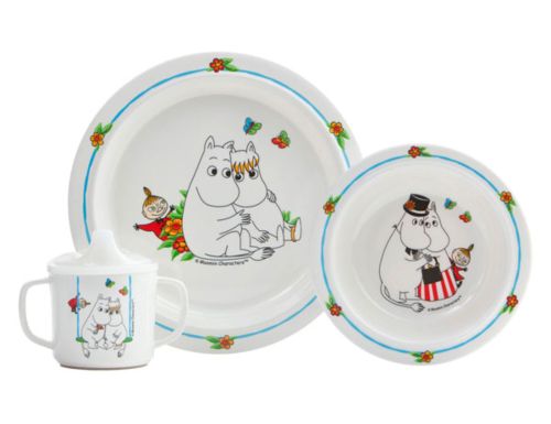 Mumi spisesæt med stor og lille tallerken samt kop.
