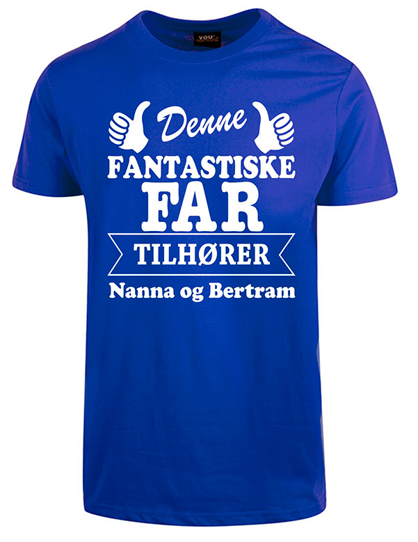 Se Far tilhører t-shirt med børnenes navne - Koboltblå hos Babadut.dk