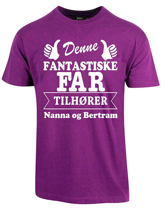 Se Far tilhører t-shirt med børnenes navne - Lilla hos Babadut.dk