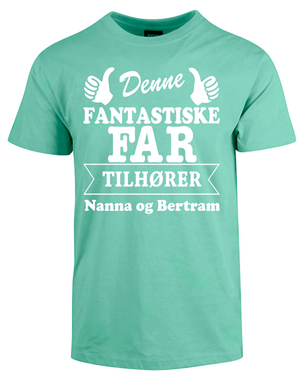 Se Far tilhører t-shirt med børnenes navne - Mintgrøn hos Babadut.dk