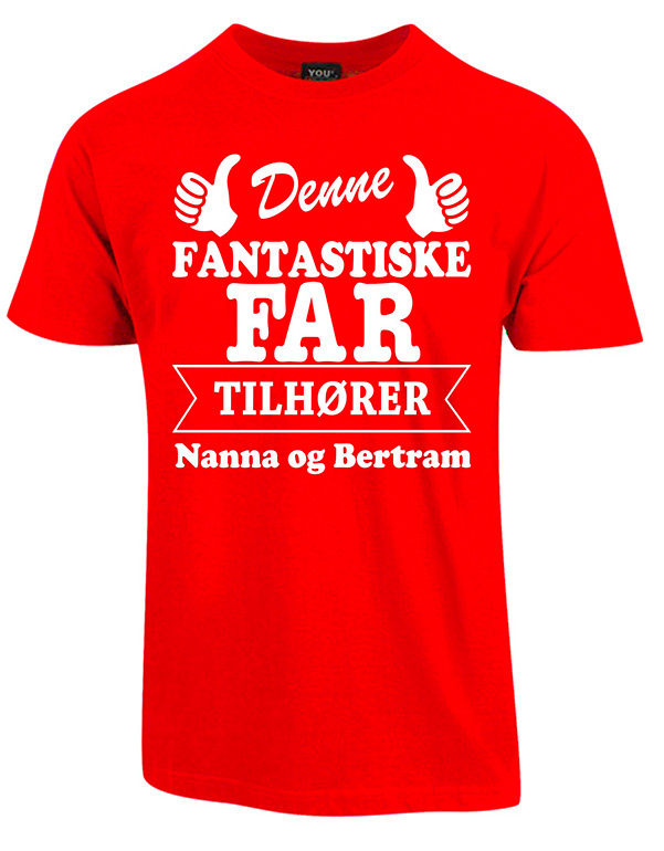Se Far tilhører t-shirt med børnenes navne - Rød hos Babadut.dk