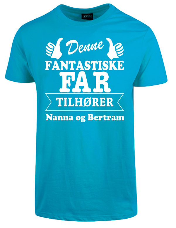 Se Far tilhører t-shirt med børnenes navne - Turkis hos Babadut.dk
