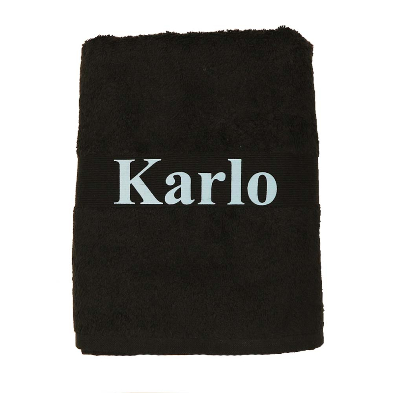 Se Sort håndklæde med navn 70x140 cm. hos Babadut.dk