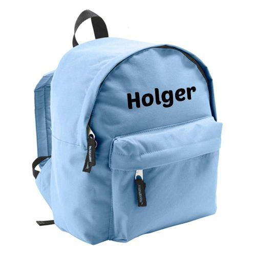 lyseblå rygsæk med navn