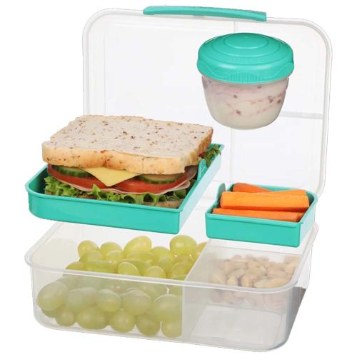 Sistema bento madkasse med indhold. 2 løse bakker og en bøtte med skruelåg, til eks. dressing.