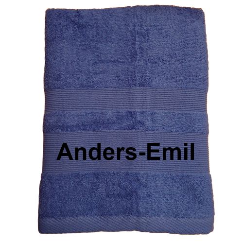 blåt håndklæde med navn