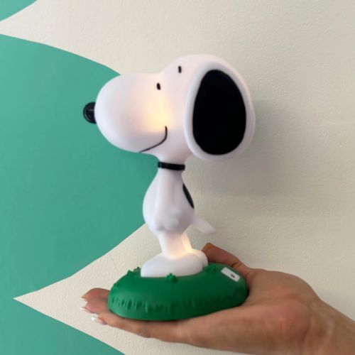 Kvinde der holder en snoopy lampe i sin hånd