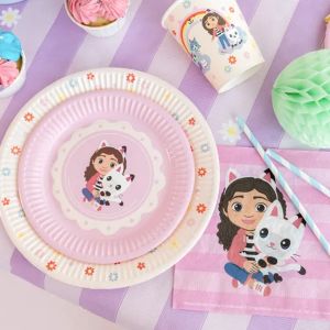 lyserøde paptallerkner med gabbys dukkhus