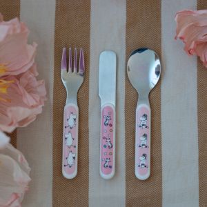 Mumi bestiksæt med gaffel, kniv og ske.