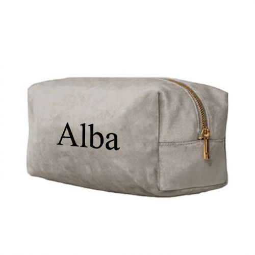 lysegrå velour toilettaske med navn
