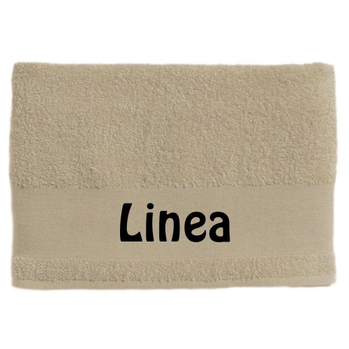 beige håndklæde med navn