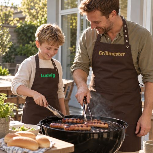 far og søn der griller i hver deres forklæde med navn trykt på.